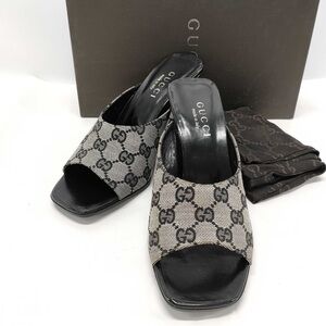 Gucci monogram black and grey wedge mules